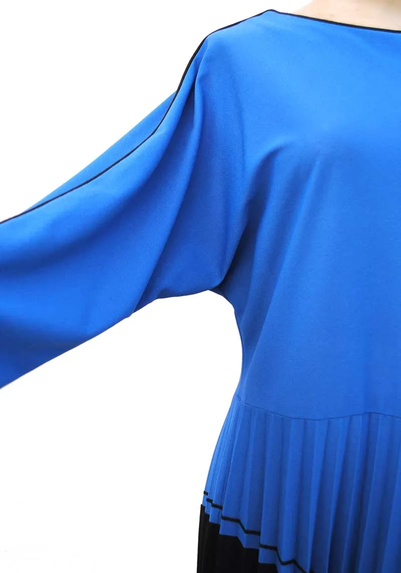 1980s Vintage Blue and Black Pleated Dress