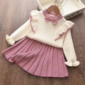 2-piece Toddler Girl Bowknot Flounced Knitted Sweater and Pleated Skirt Set