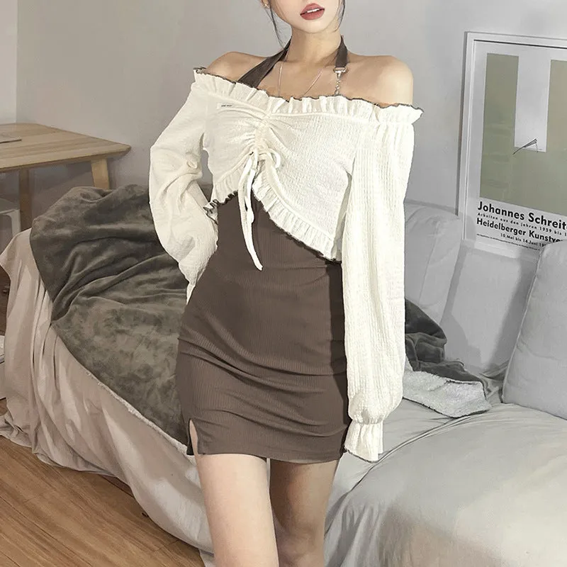 2022 2 pc dress set long sleeves ruffle pleated off shoulder T shirt halter neck high waist minidress
