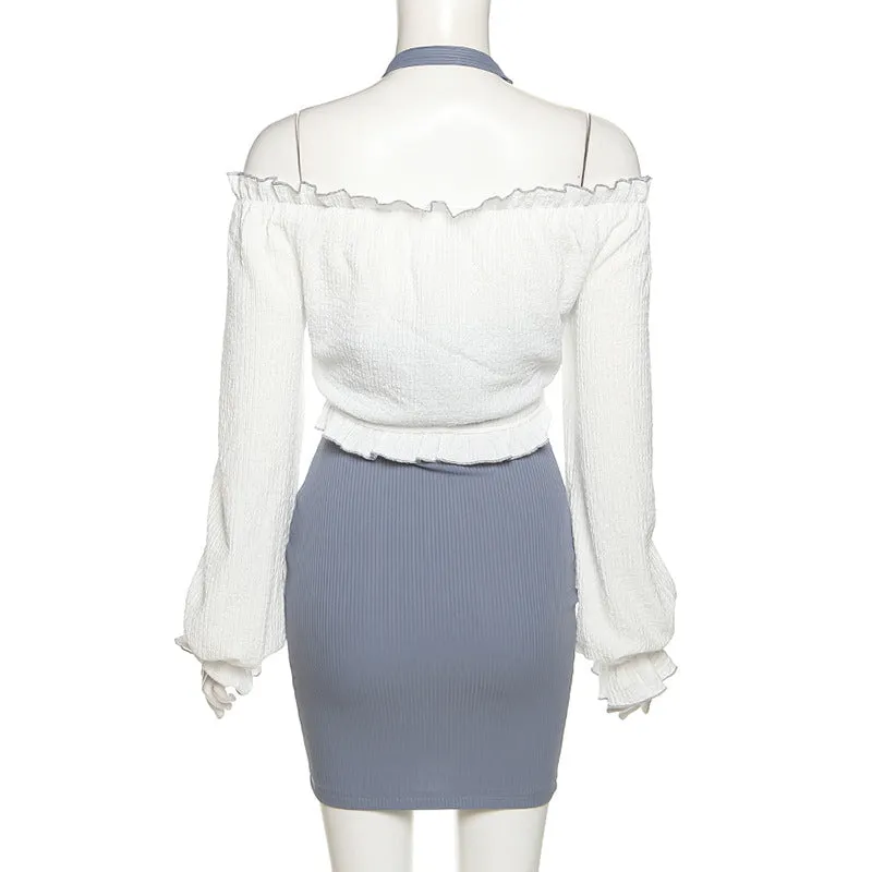 2022 2 pc dress set long sleeves ruffle pleated off shoulder T shirt halter neck high waist minidress