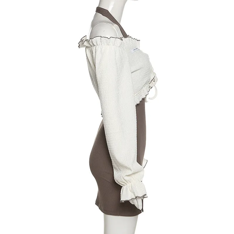 2022 2 pc dress set long sleeves ruffle pleated off shoulder T shirt halter neck high waist minidress