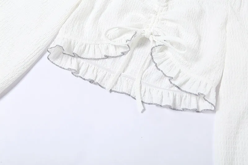 2022 2 pc dress set long sleeves ruffle pleated off shoulder T shirt halter neck high waist minidress