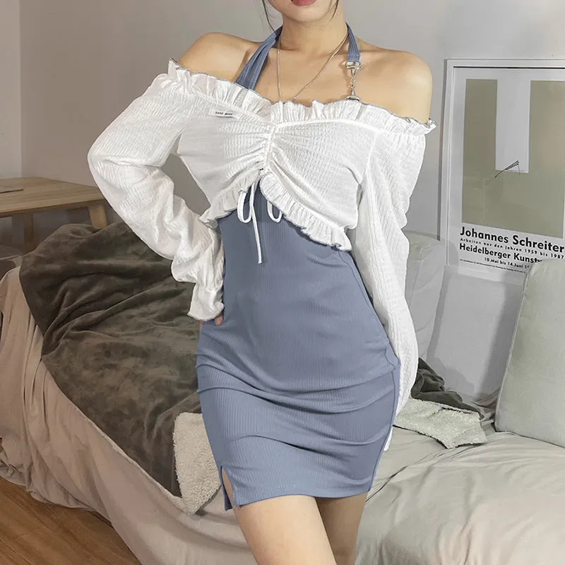 2022 2 pc dress set long sleeves ruffle pleated off shoulder T shirt halter neck high waist minidress