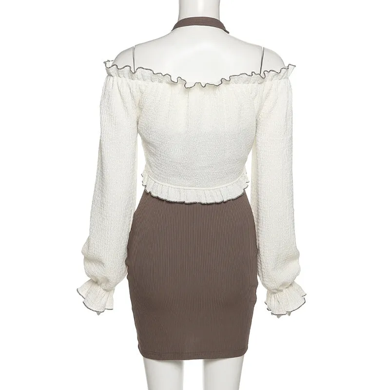 2022 2 pc dress set long sleeves ruffle pleated off shoulder T shirt halter neck high waist minidress
