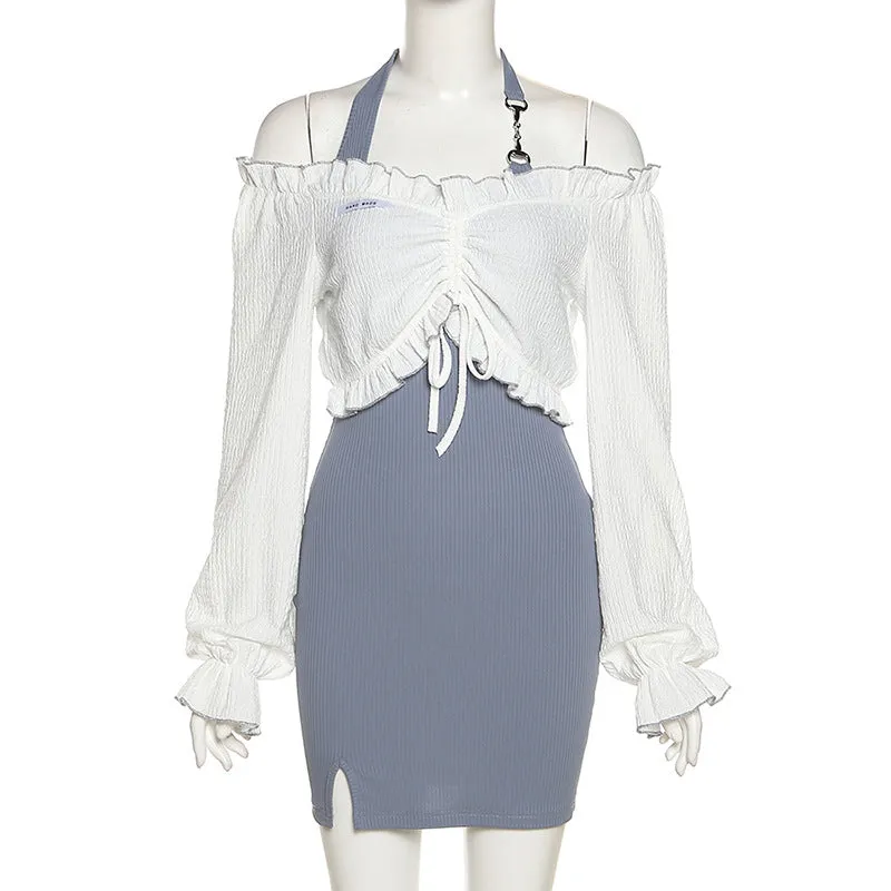 2022 2 pc dress set long sleeves ruffle pleated off shoulder T shirt halter neck high waist minidress