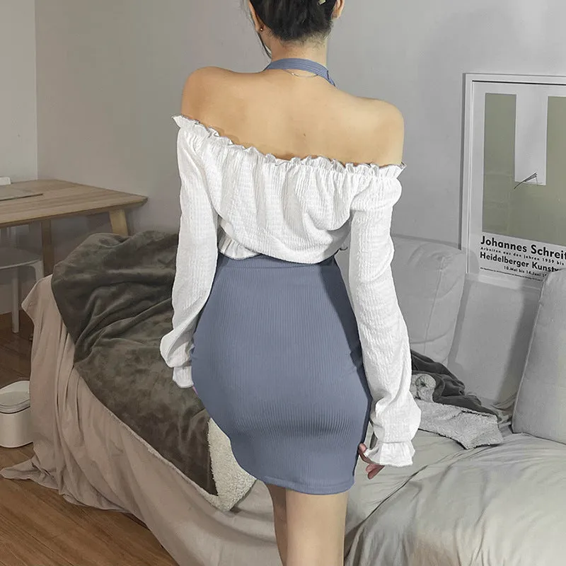 2022 2 pc dress set long sleeves ruffle pleated off shoulder T shirt halter neck high waist minidress