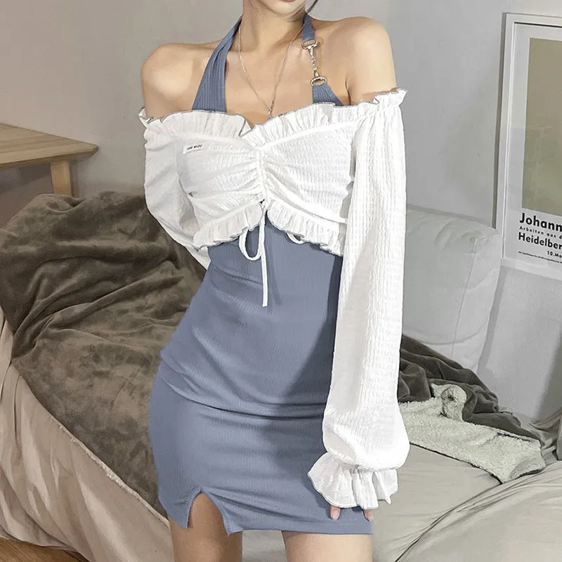 2022 2 pc dress set long sleeves ruffle pleated off shoulder T shirt halter neck high waist minidress