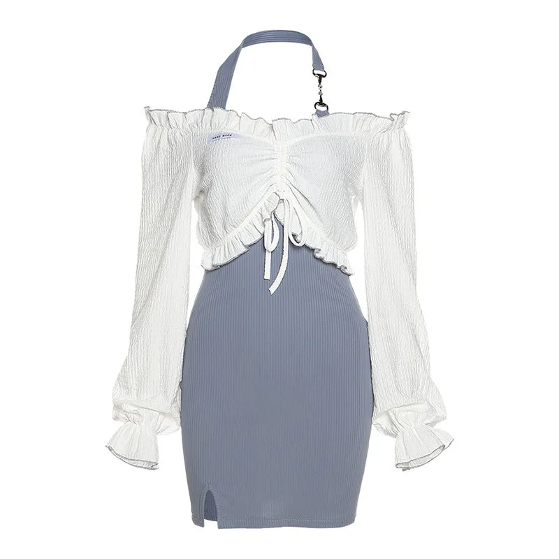2022 2 pc dress set long sleeves ruffle pleated off shoulder T shirt halter neck high waist minidress
