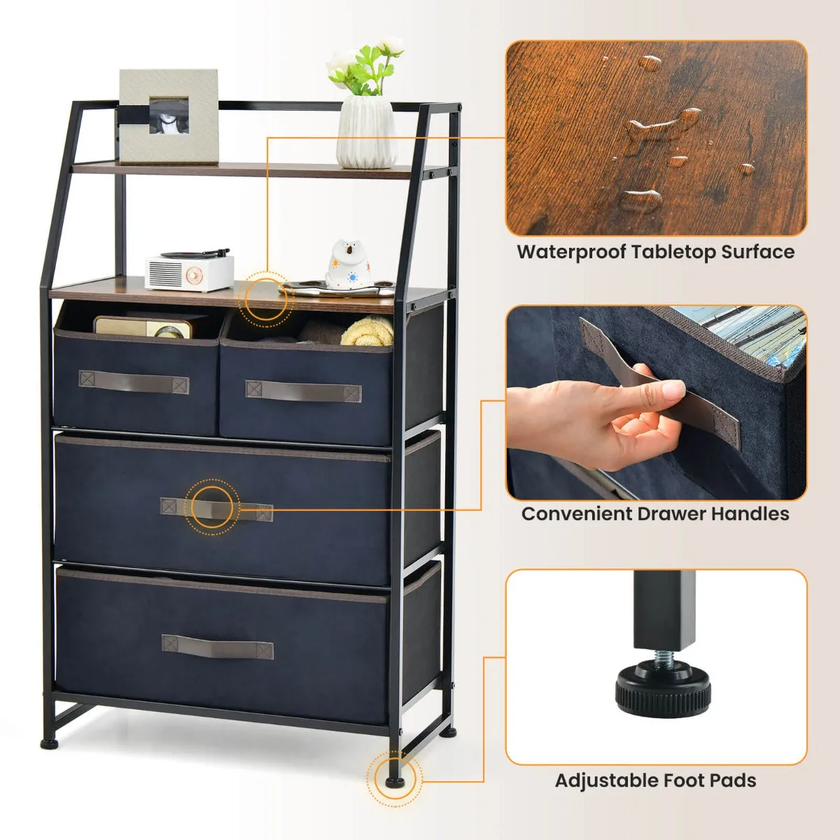4-Drawer Free Standing Storage Dresser with 2 Open Shelves