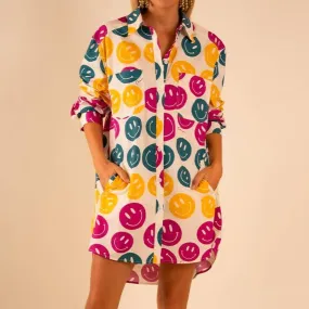 All Over Smiley Preslie Poplin Shirt Dress | Organic Cotton Beltable Dress or Tunic with Pockets