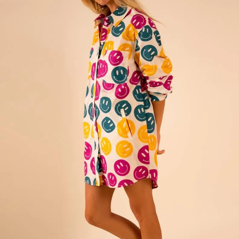 All Over Smiley Preslie Poplin Shirt Dress | Organic Cotton Beltable Dress or Tunic with Pockets