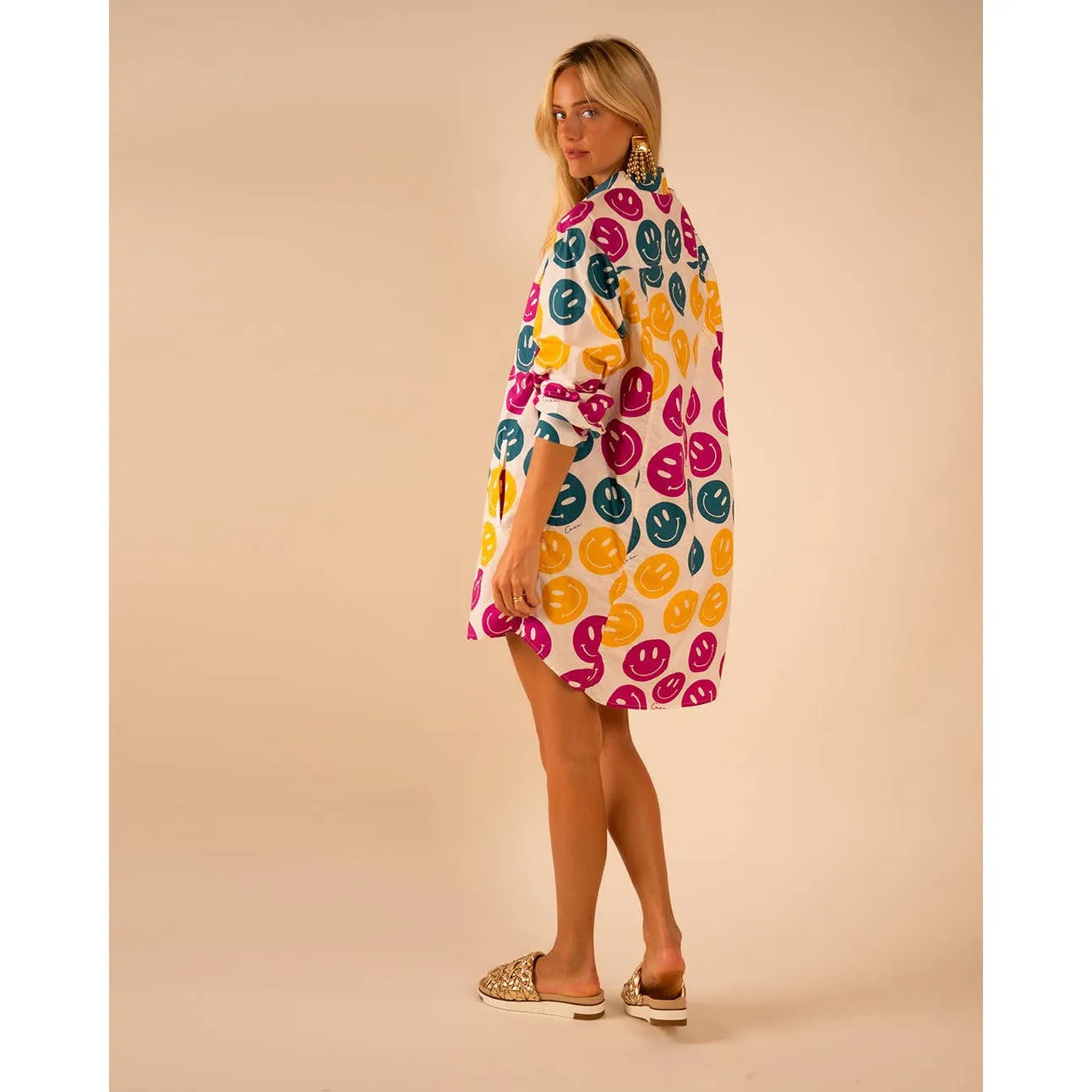 All Over Smiley Preslie Poplin Shirt Dress | Organic Cotton Beltable Dress or Tunic with Pockets