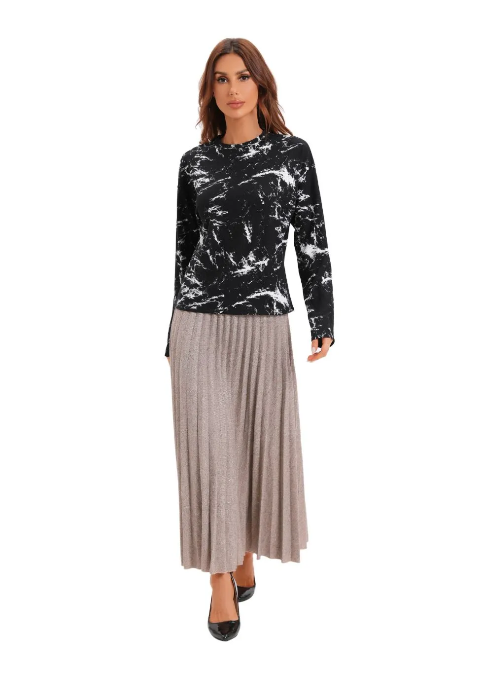 Beige Shimmering Knitted Midi Pleated Skirt