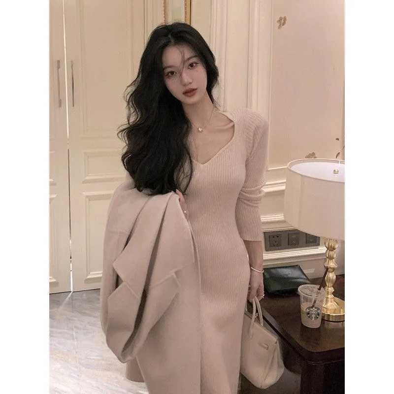 binfenxie-shop 2000s fashion Gentle Hepburn Style Square Collar Knitted Dress Women's Autumn and Winter New Style with Overcoat Slim Fit Slimming Inner Sweater Dress