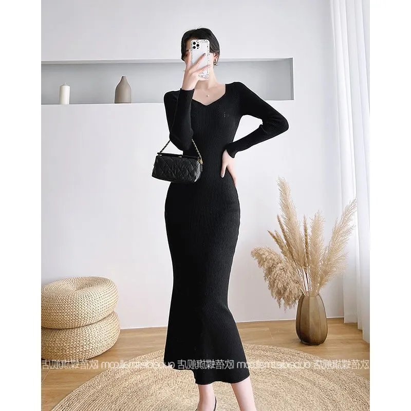 binfenxie-shop 2000s fashion Gentle Hepburn Style Square Collar Knitted Dress Women's Autumn and Winter New Style with Overcoat Slim Fit Slimming Inner Sweater Dress