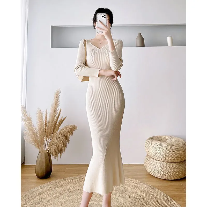binfenxie-shop 2000s fashion Gentle Hepburn Style Square Collar Knitted Dress Women's Autumn and Winter New Style with Overcoat Slim Fit Slimming Inner Sweater Dress