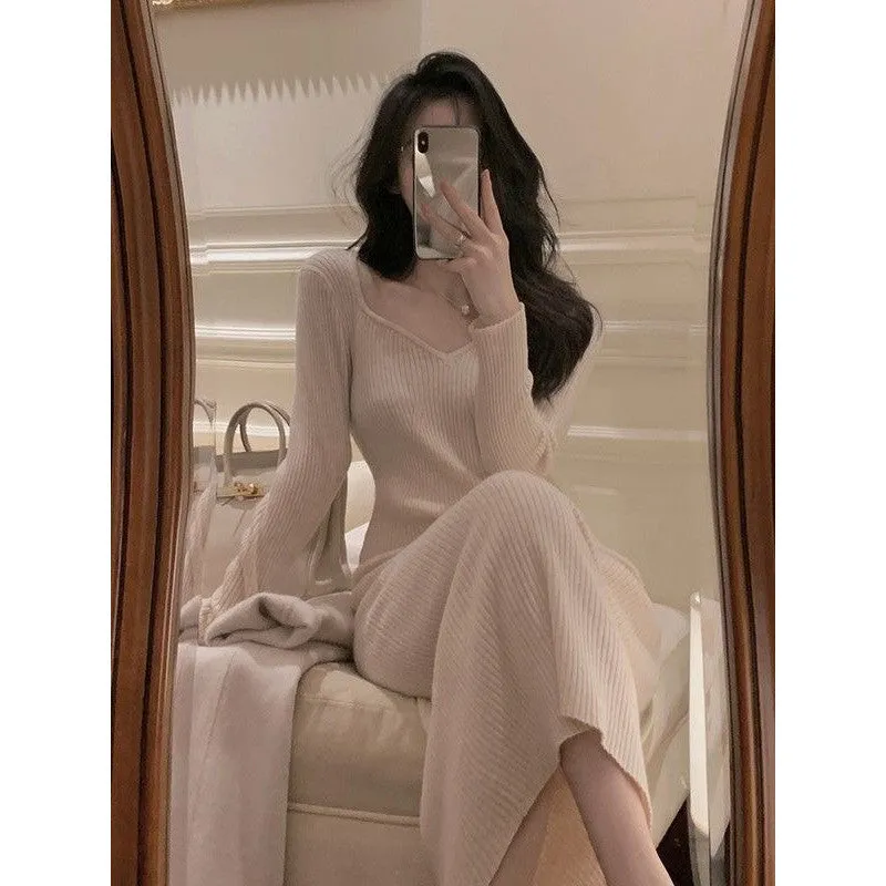 binfenxie-shop 2000s fashion Gentle Hepburn Style Square Collar Knitted Dress Women's Autumn and Winter New Style with Overcoat Slim Fit Slimming Inner Sweater Dress