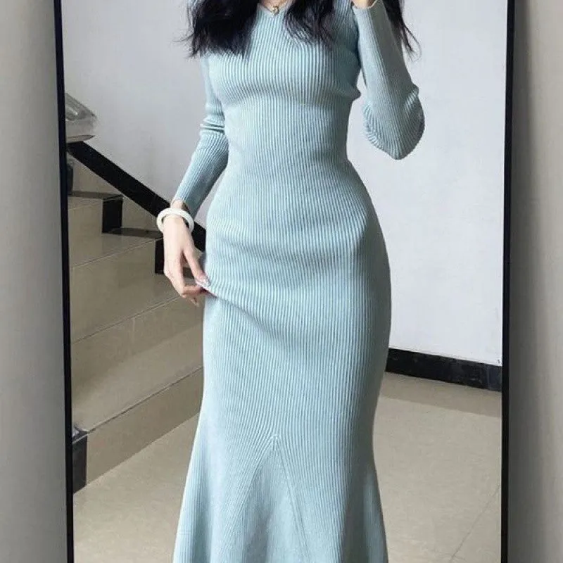 binfenxie-shop 2000s fashion Gentle Hepburn Style Square Collar Knitted Dress Women's Autumn and Winter New Style with Overcoat Slim Fit Slimming Inner Sweater Dress