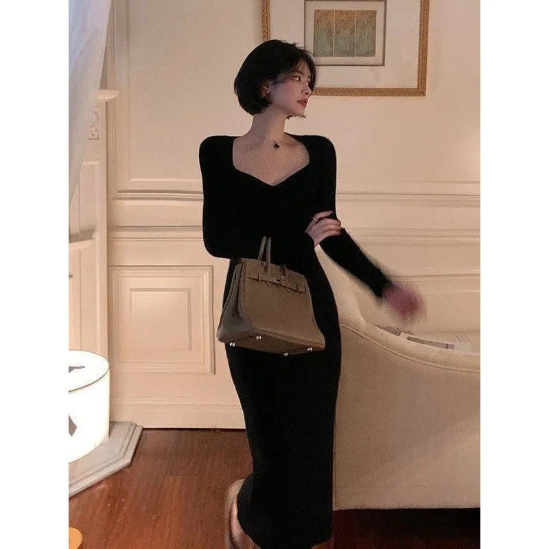 binfenxie-shop 2000s fashion Gentle Hepburn Style Square Collar Knitted Dress Women's Autumn and Winter New Style with Overcoat Slim Fit Slimming Inner Sweater Dress