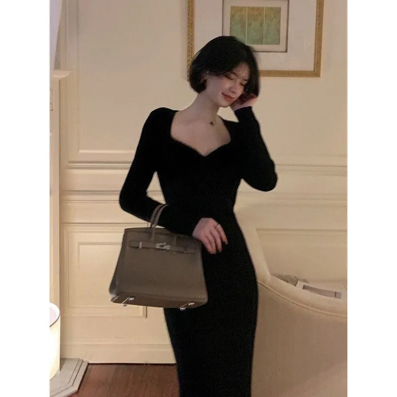 binfenxie-shop 2000s fashion Gentle Hepburn Style Square Collar Knitted Dress Women's Autumn and Winter New Style with Overcoat Slim Fit Slimming Inner Sweater Dress