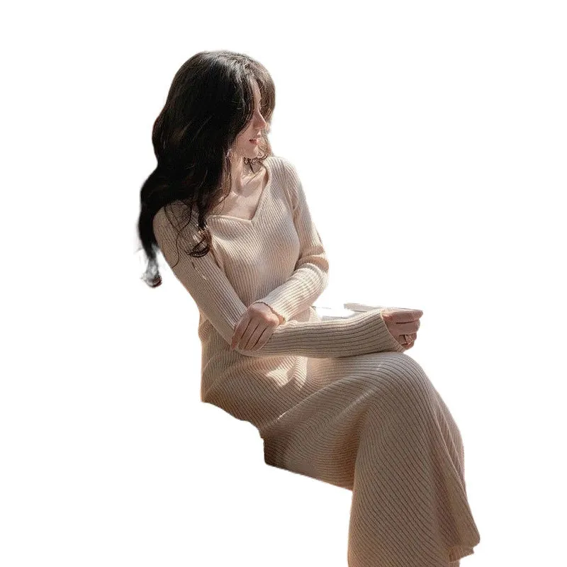 binfenxie-shop 2000s fashion Gentle Hepburn Style Square Collar Knitted Dress Women's Autumn and Winter New Style with Overcoat Slim Fit Slimming Inner Sweater Dress