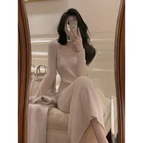 binfenxie-shop 2000s fashion Gentle Hepburn Style Square Collar Knitted Dress Women's Autumn and Winter New Style with Overcoat Slim Fit Slimming Inner Sweater Dress