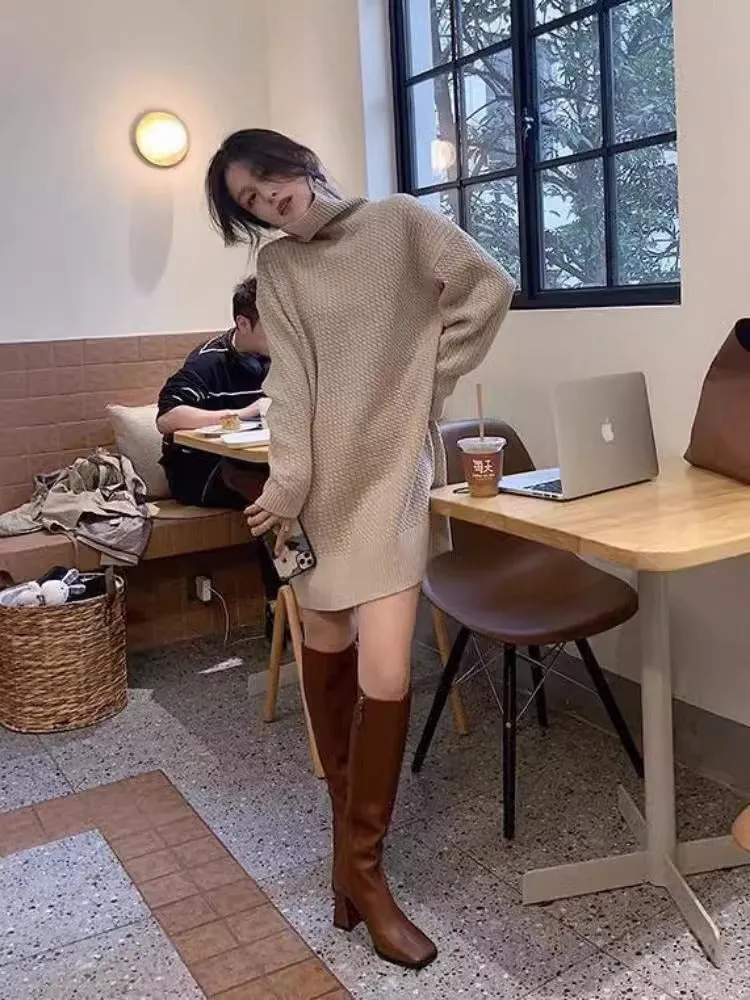 binfenxie-shop fall fashion 50 Super Nice Turtleneck Knitted Dress Women's Autumn and Winter New Slimming Mid-Length Inner Matching Overcoat Sweater Dress