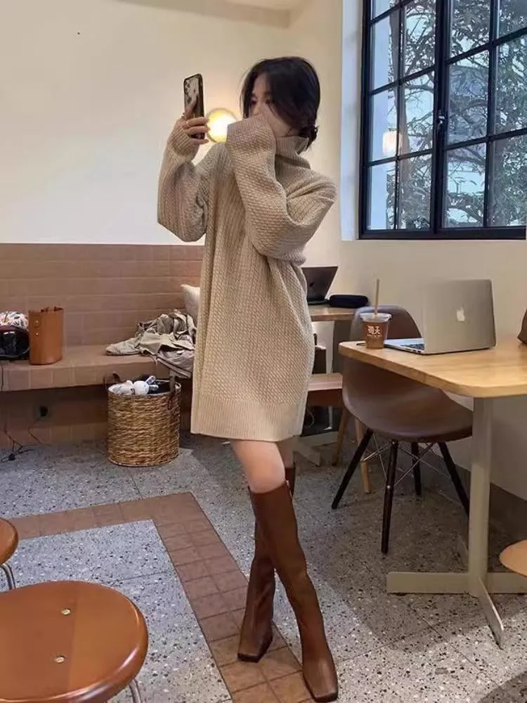 binfenxie-shop fall fashion 50 Super Nice Turtleneck Knitted Dress Women's Autumn and Winter New Slimming Mid-Length Inner Matching Overcoat Sweater Dress