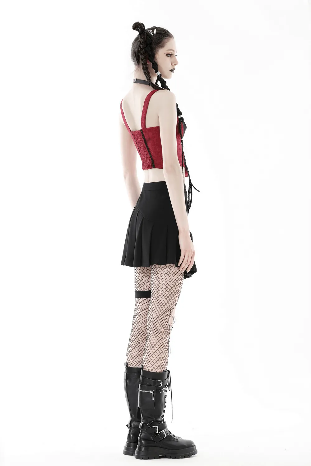 Black Asymmetrical Pleated Punk Skirt with Safety Pins