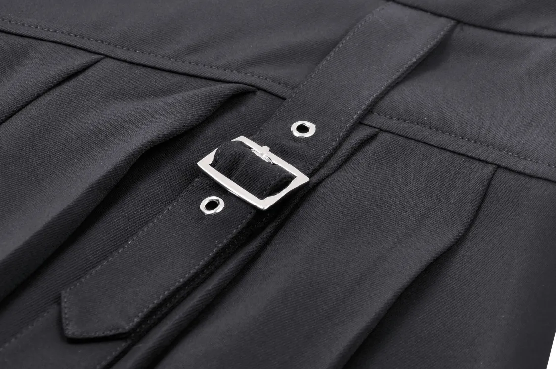 Black Asymmetrical Pleated Punk Skirt with Safety Pins