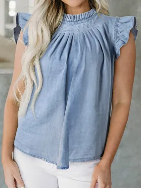 Blue Vintage Denim Tank Top with Frilly Pleats and Button Back