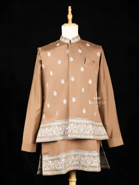 Brown Embroidery Indo-Western Sherwani Suit with Floral designs with Pant and Pocket Square