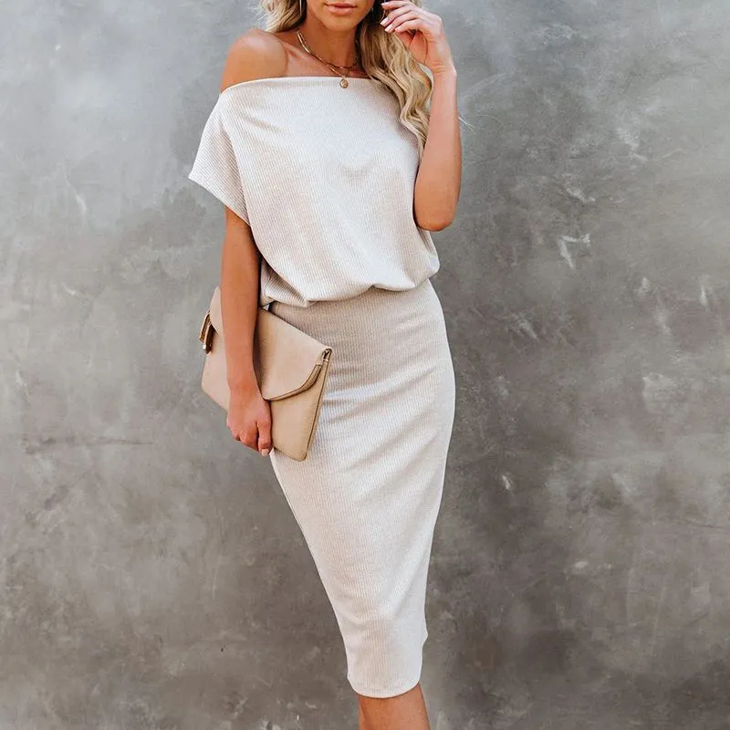 Casual Tummy Hide Slimming Off Shoulder Rib Knit Dress