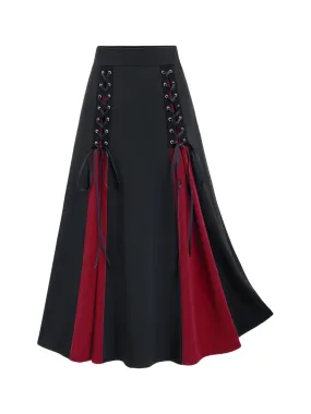 Colorblock Pleated Tie Front Skirt Chic Vintage Style for Women