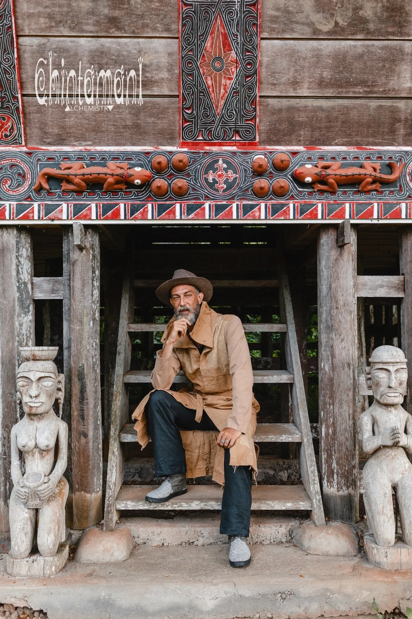 Cotton Canvas Mens Coat / Nomad Boho Cardigan Jacket with Shipibo Print / Beige