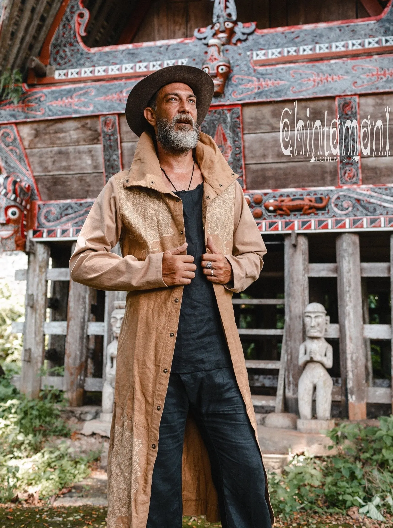 Cotton Canvas Mens Coat / Nomad Boho Cardigan Jacket with Shipibo Print / Beige