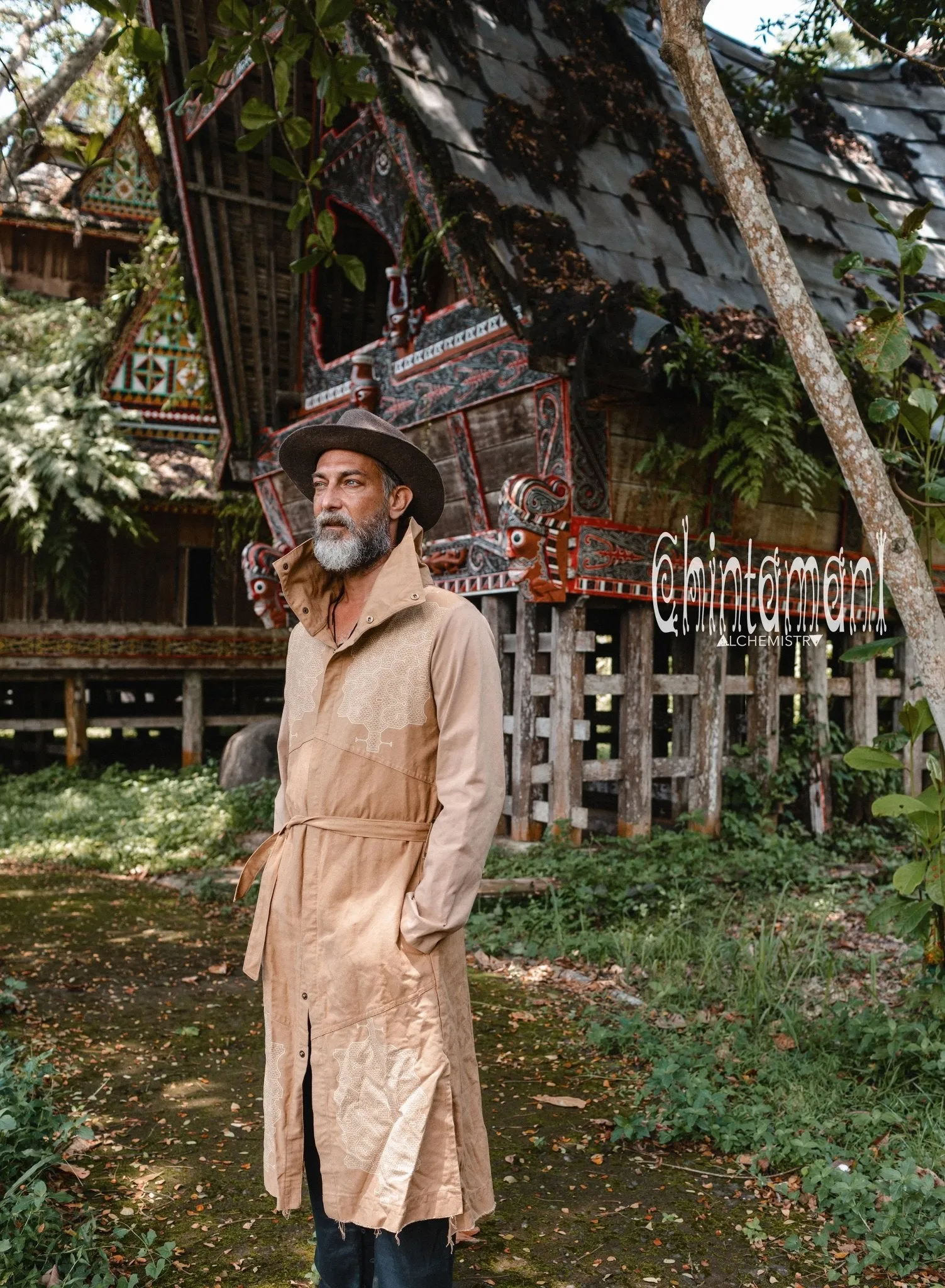 Cotton Canvas Mens Coat / Nomad Boho Cardigan Jacket with Shipibo Print / Beige
