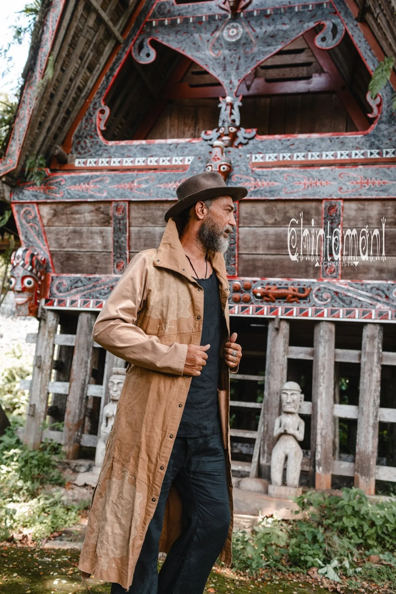 Cotton Canvas Mens Coat / Nomad Boho Cardigan Jacket with Shipibo Print / Beige