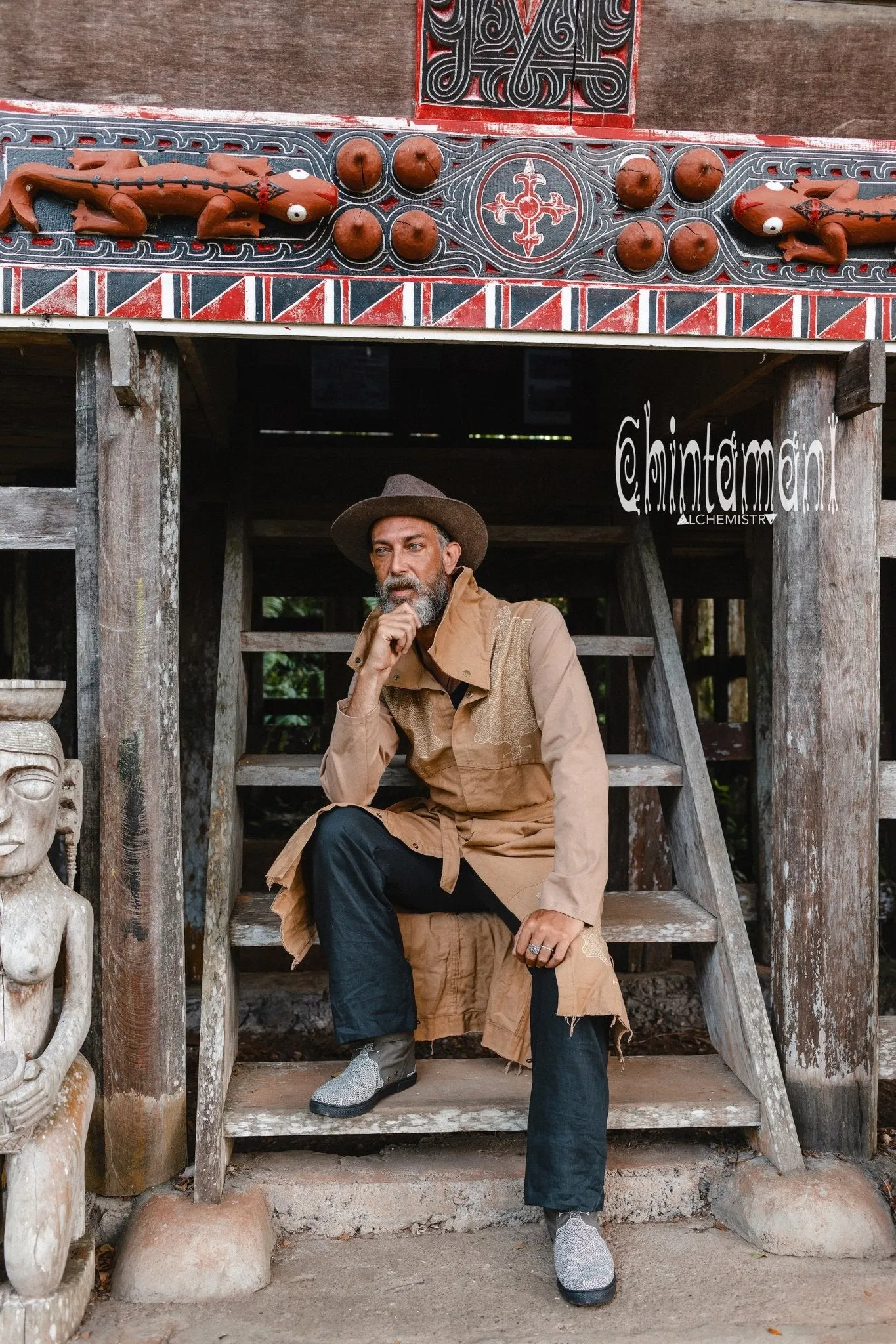Cotton Canvas Mens Coat / Nomad Boho Cardigan Jacket with Shipibo Print / Beige