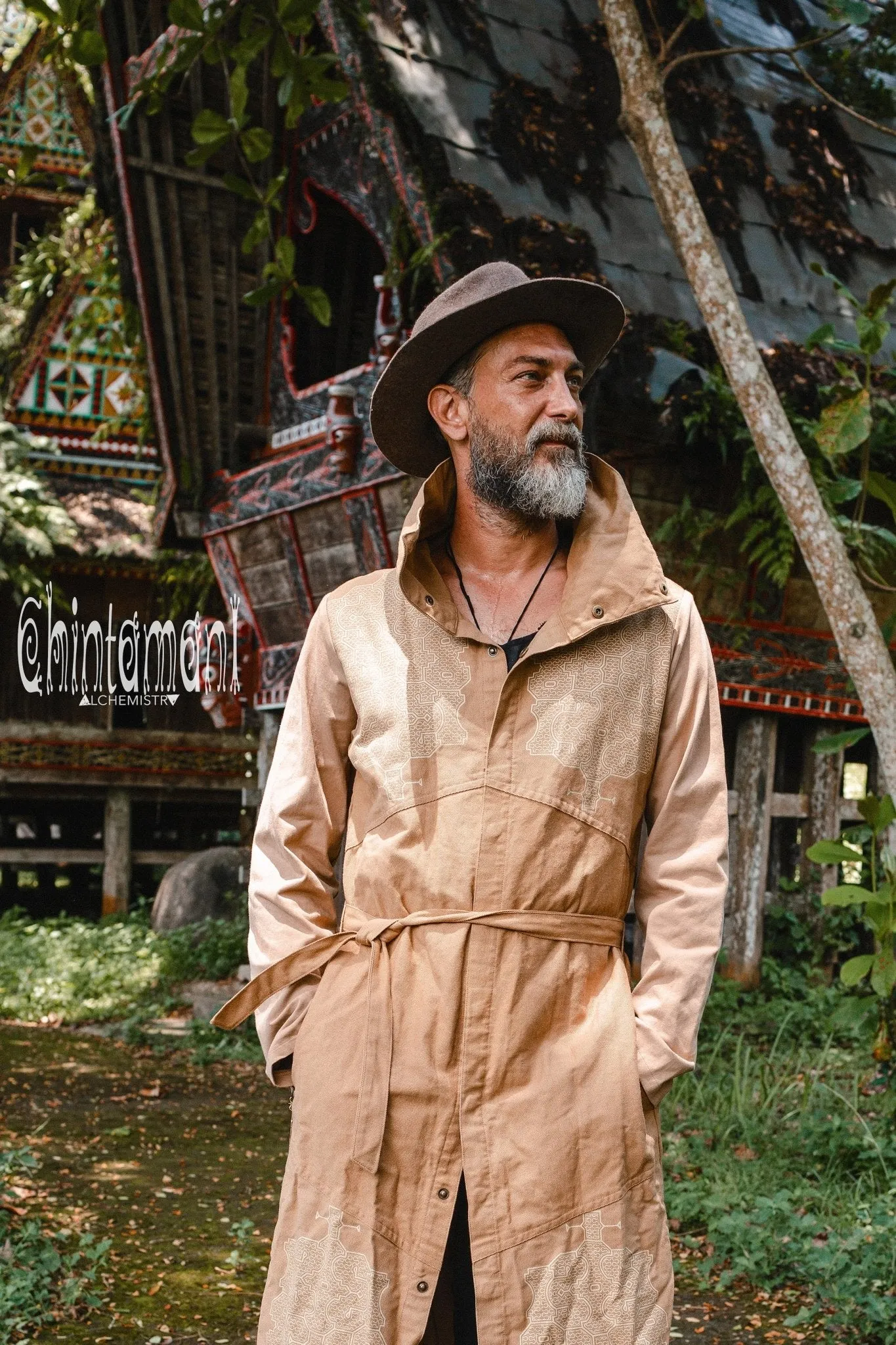 Cotton Canvas Mens Coat / Nomad Boho Cardigan Jacket with Shipibo Print / Beige