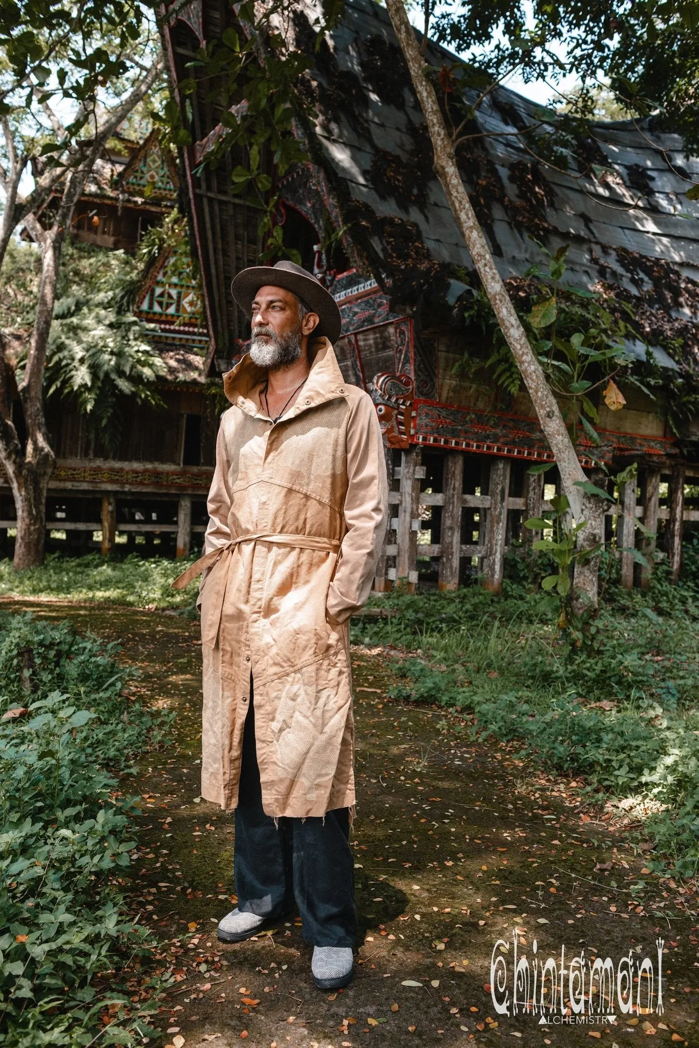 Cotton Canvas Mens Coat / Nomad Boho Cardigan Jacket with Shipibo Print / Beige