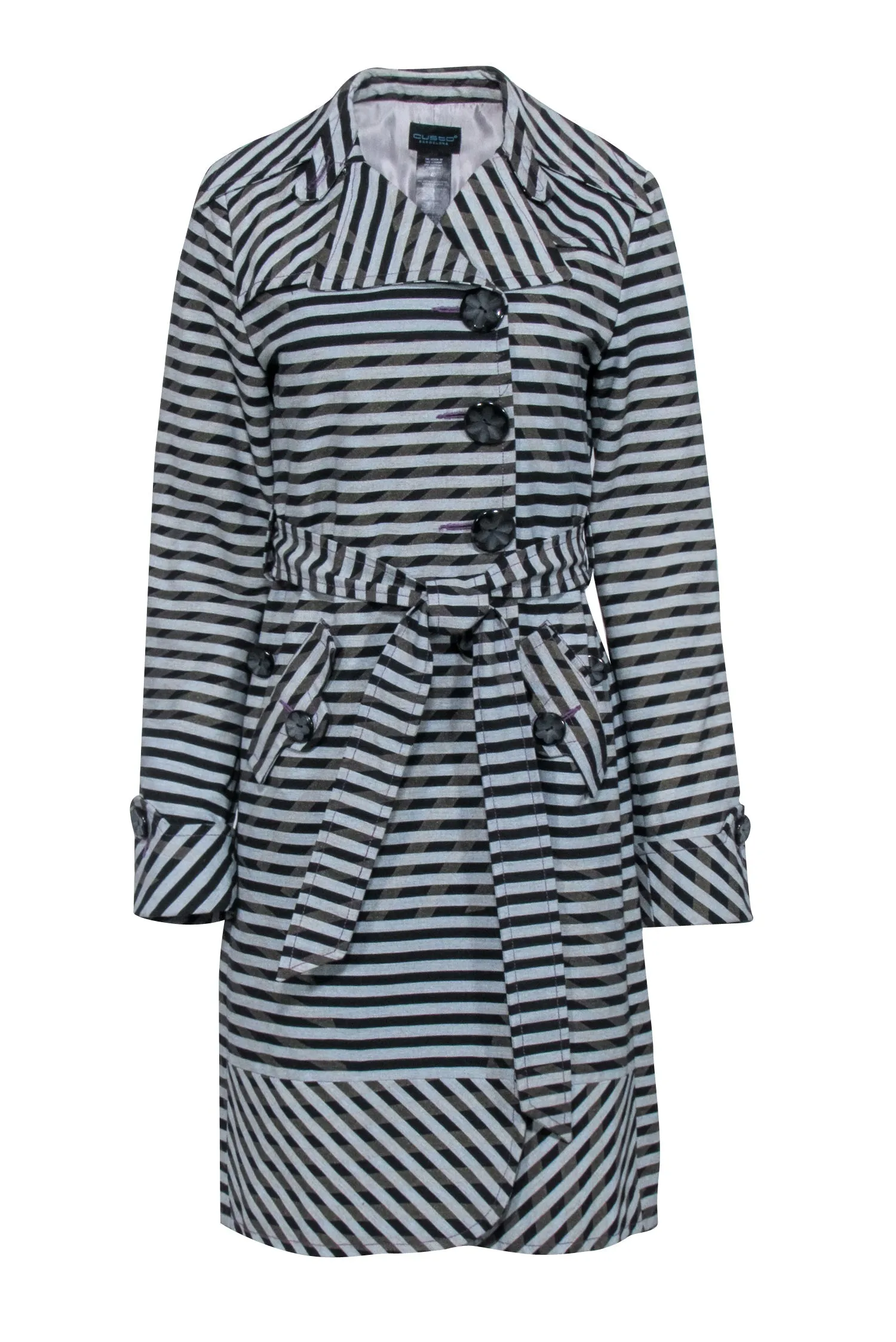 Custo - Grey, Black, & Green Striped Trench Coat Sz 4