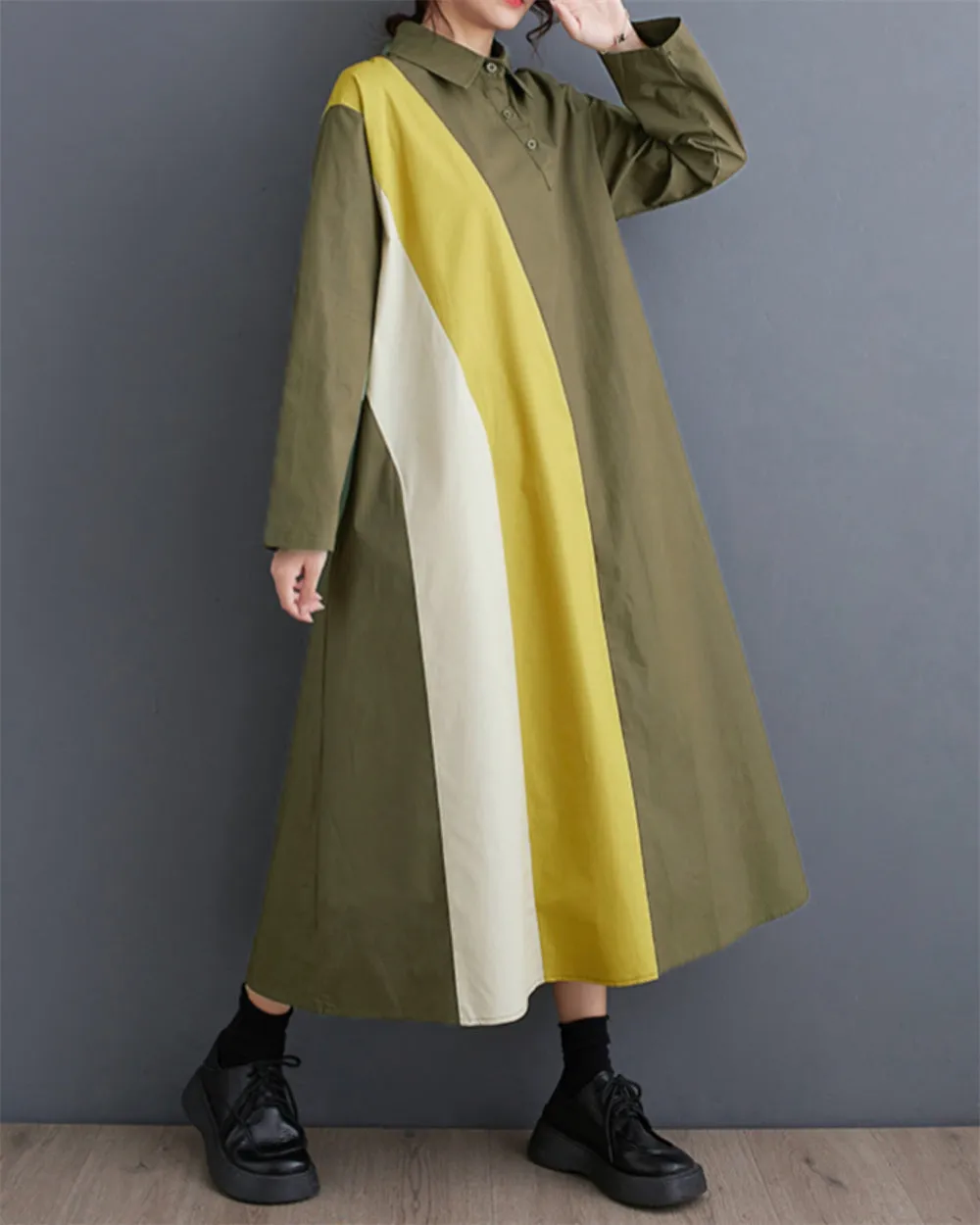ellazhu Women's Loose Patchwork Color Block Lapel Long Sleeves Pullover Dress GZ32