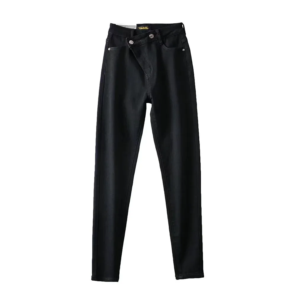 Irregular Diagonal Button High Waist Pencil Pants