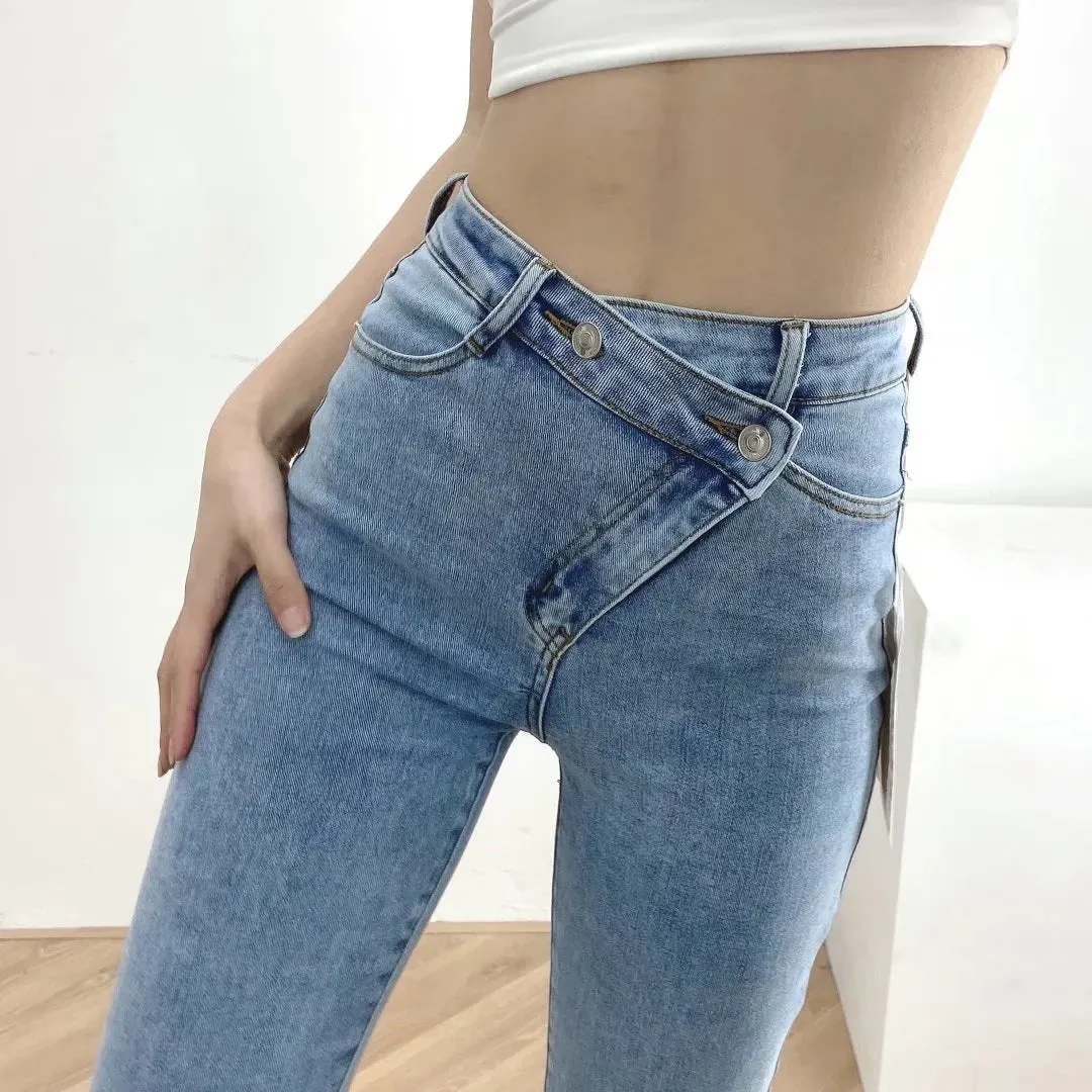 Irregular Diagonal Button High Waist Pencil Pants