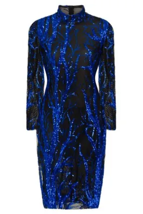 Jenny Black Transparent Blue Tree Luxe Sequin Turtle Neck Midi Dress