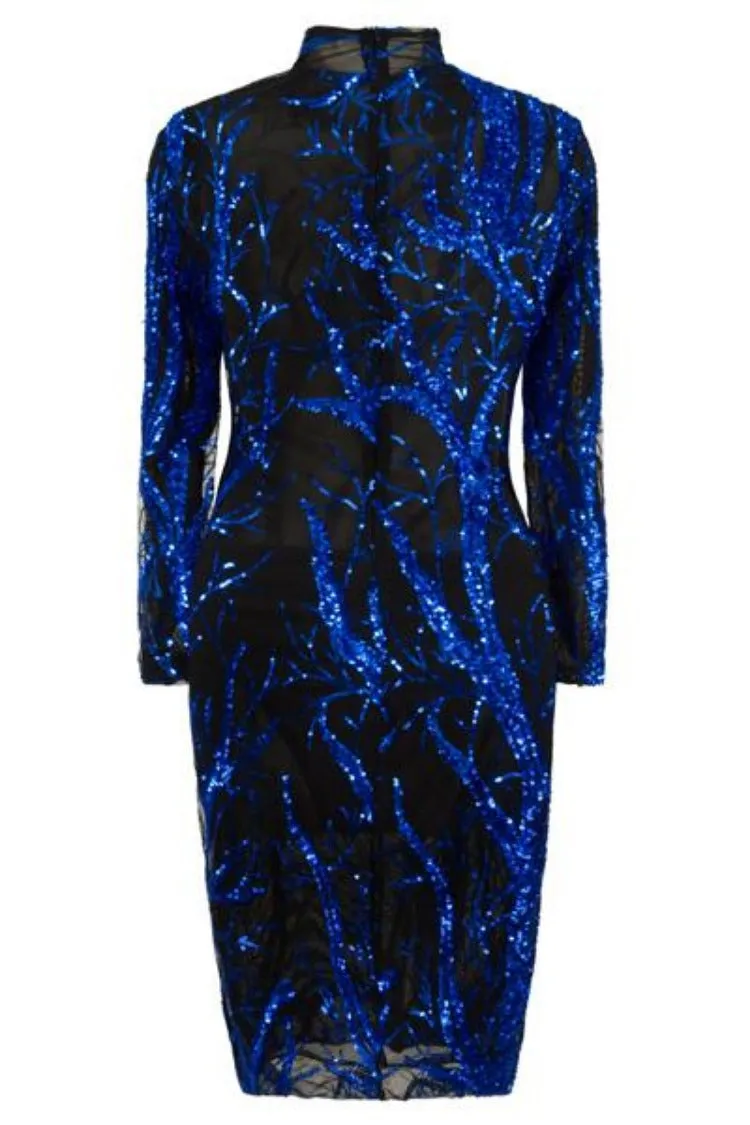 Jenny Black Transparent Blue Tree Luxe Sequin Turtle Neck Midi Dress