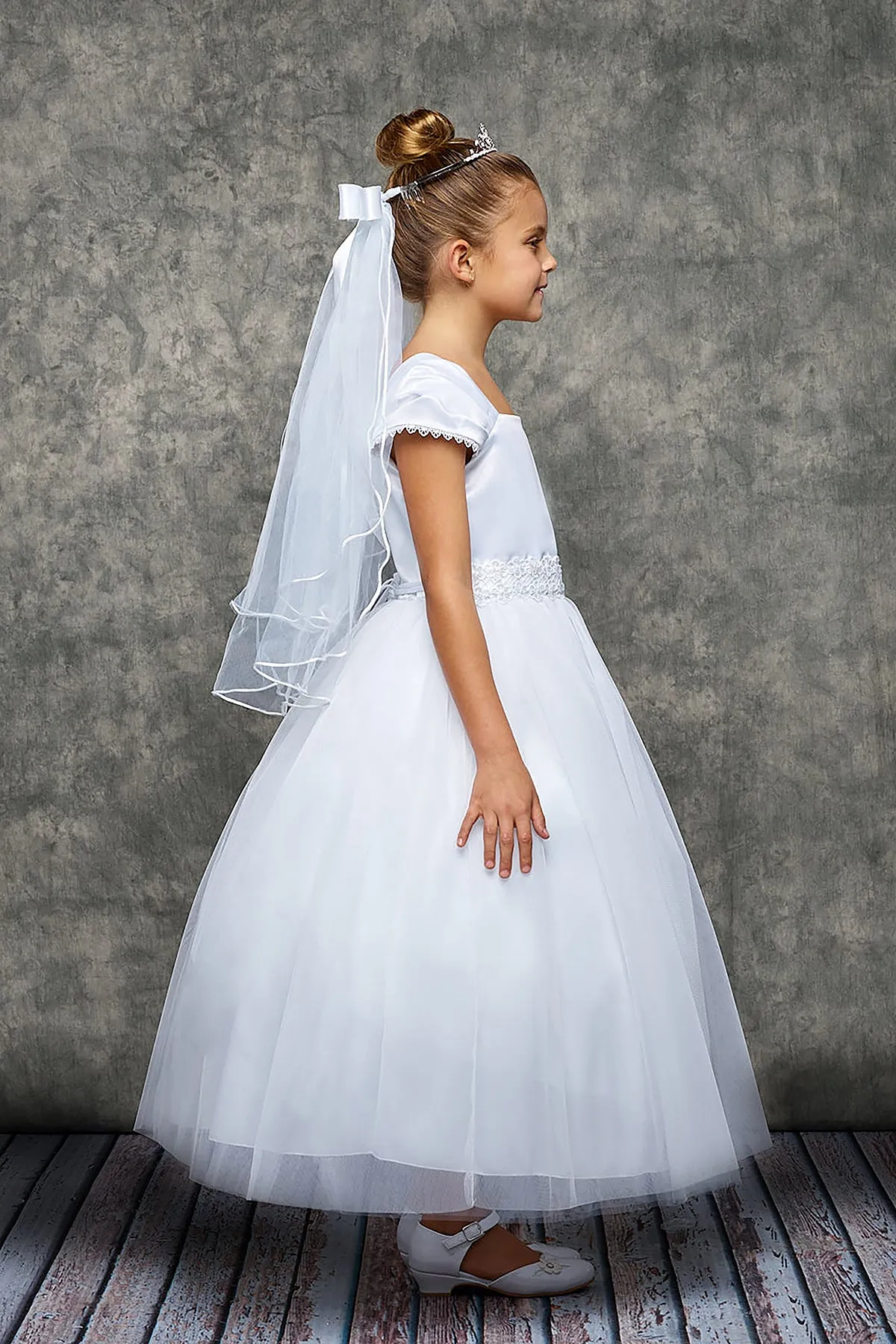 Juliette Satin Short Pleated Sleeve with Beaded Lace Trim & Tulle Skirt  SIZES 2 to 20.5
