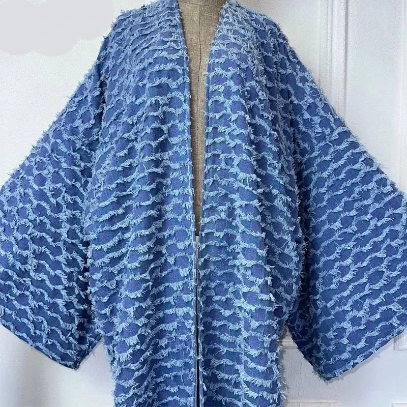 Long Denim Kimono Plush Overcoat Maxi Dress/Cover Up