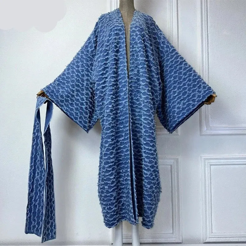 Long Denim Kimono Plush Overcoat Maxi Dress/Cover Up
